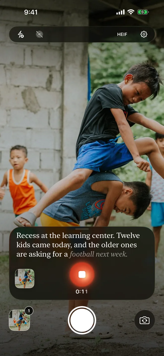 Saidframe recording a voice note over a photo of children playing leapfrog: Recess at the learning center.